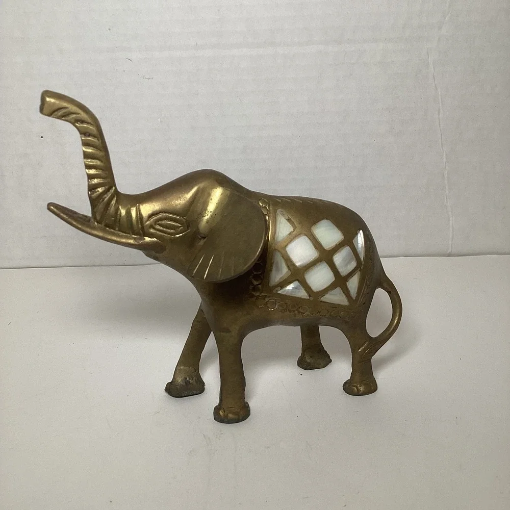 Vintage Brass Elephant Figurine Mother of Pearl Inlay Trunk Up Good Luck Decor